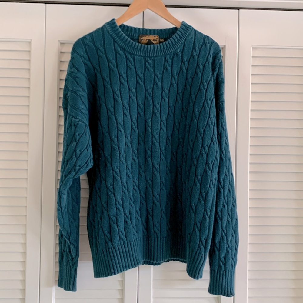 Eddie Bauer Teal Cotton Cable Knit Sweater Crewneck Men’s Midweight Size XL